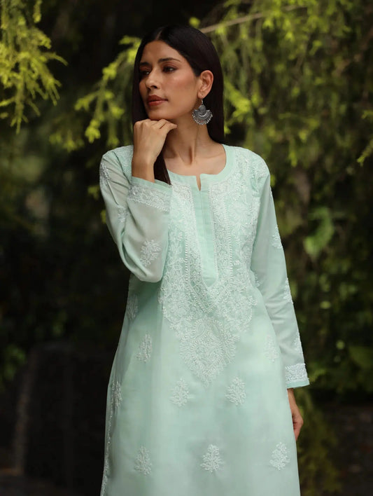 Sahiba Chikankari Pastel Green Cotton Kurta with Bakhiya work Gharana