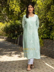 Buy Comfy Sahiba Chikankari Pastel Green Cotton Kurta with Bakhiya work - Gharana India