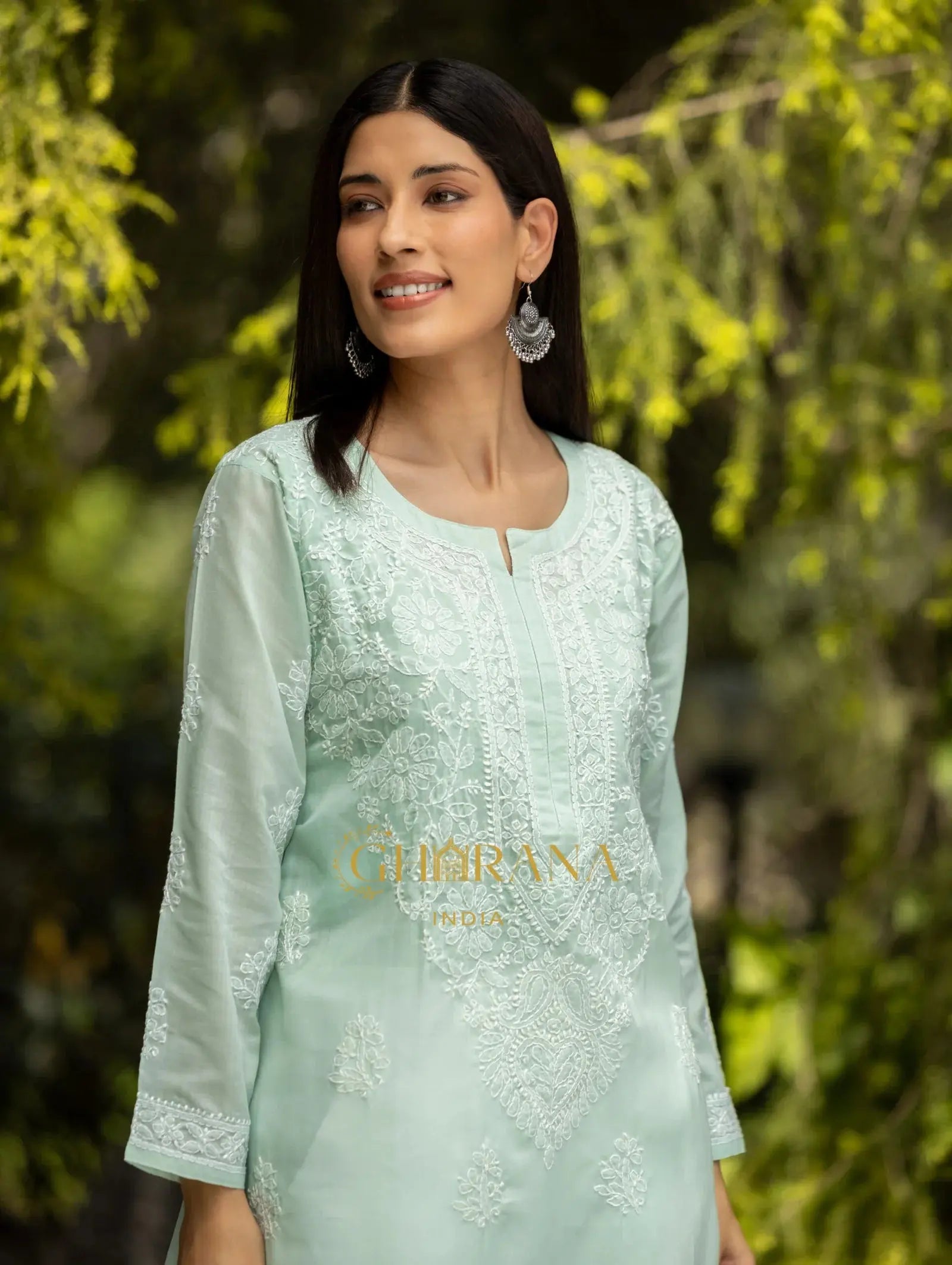 Sahiba Chikankari Pastel Green Cotton Kurta with Bakhiya work Gharana