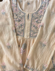 Premium Mulchanderi Chikankari Semi Stitched Tunic and Dupatta set – Light Beige Gharana