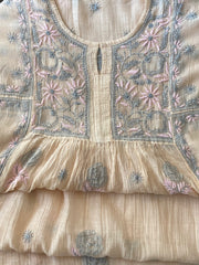 Premium Mulchanderi Chikankari Semi Stitched Tunic and Dupatta set – Light Beige Gharana