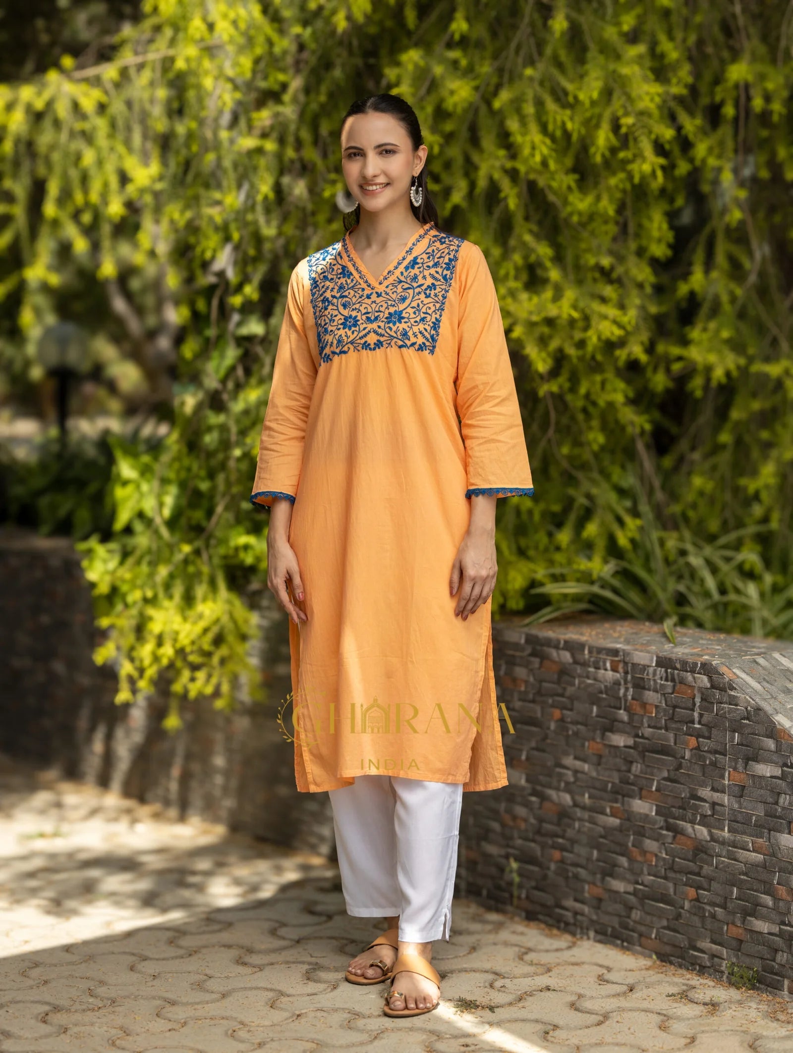 Ishq Mul Cotton Blush Orange fine chikankari Kurta in blue thread Gharana