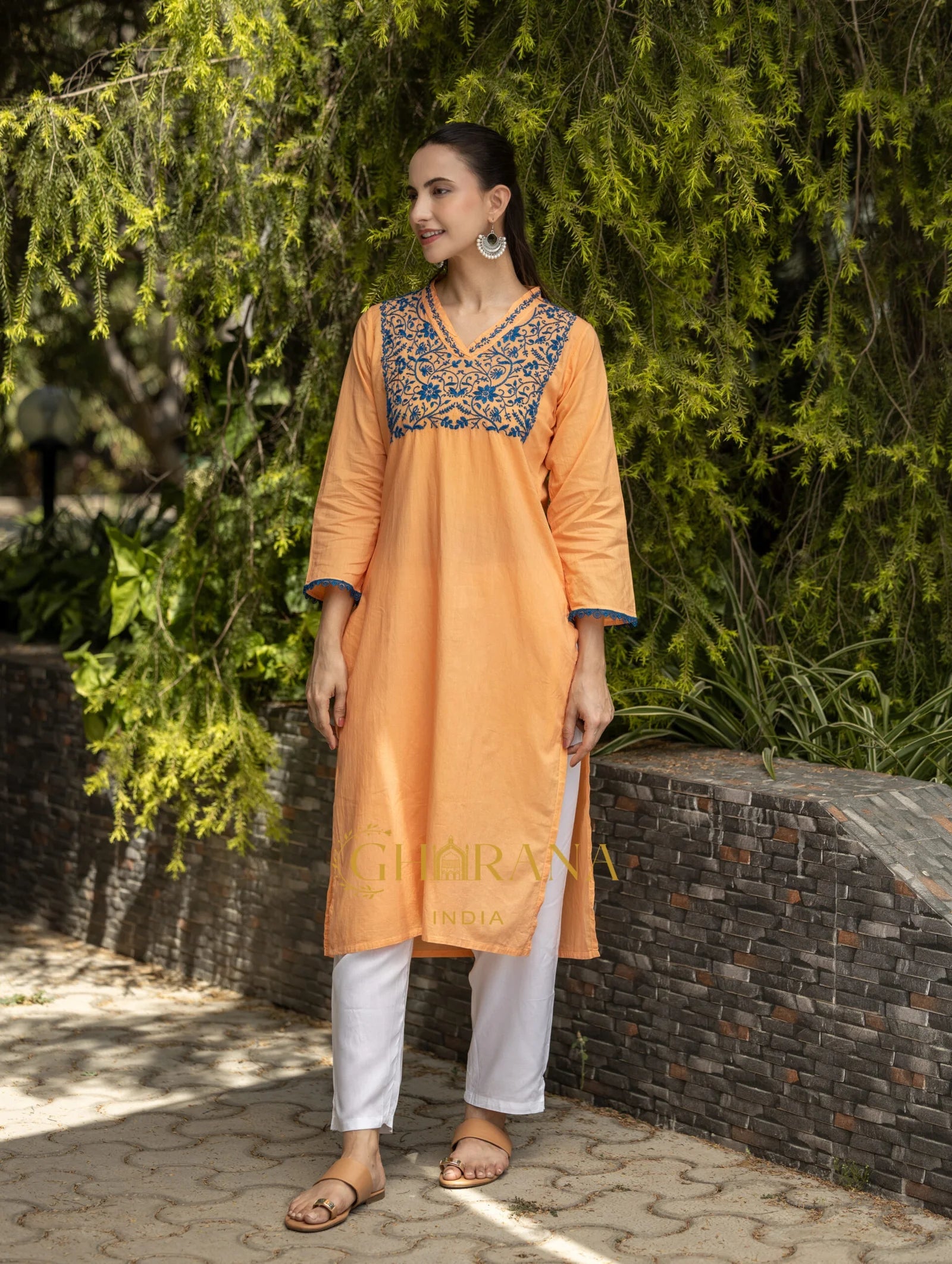 Ishq Mul Cotton Blush Orange fine chikankari Kurta in blue thread Gharana