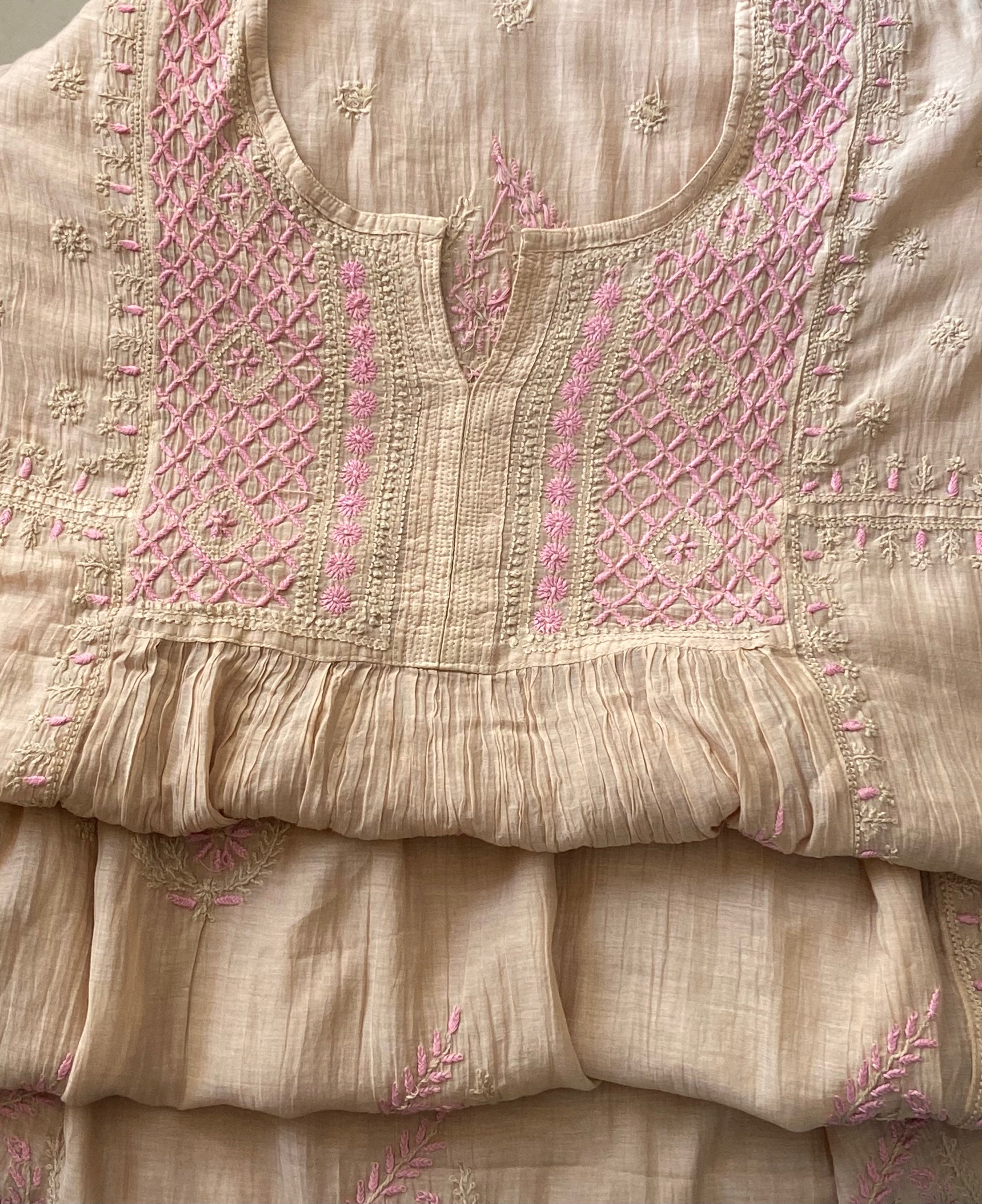 Premium Mulchanderi Chikankari Semi Stitched 2 piece Tunic and Dupatta set – Dark Beige Gharana