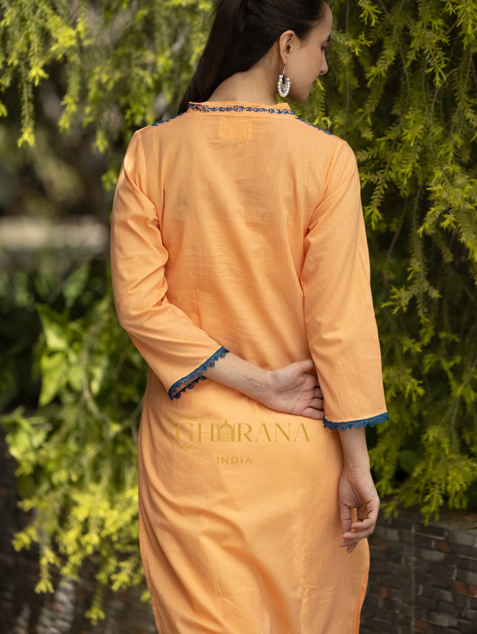 Back image of Ishq Mul Cotton Blush Orange fine chikankari Kurta in blue thread work - Gharana India