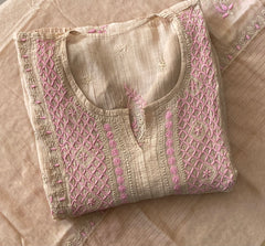 Premium Mulchanderi Chikankari Semi Stitched 2 piece Tunic and Dupatta set – Dark Beige Gharana