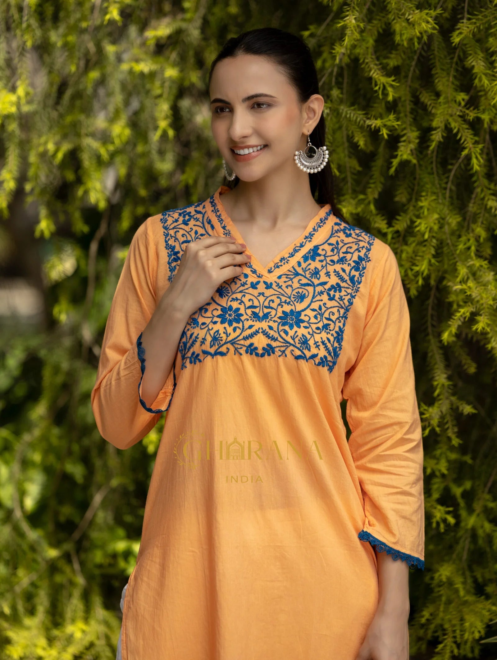 Premium Mul Cotton Blush Orange fine chikankari Kurta in blue thread Work - Gharana India