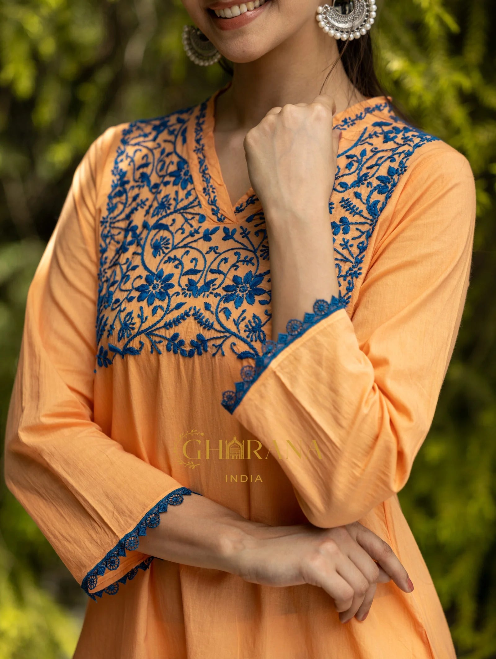 Ishq Mul Cotton Blush Orange fine chikankari Kurta in blue thread Gharana