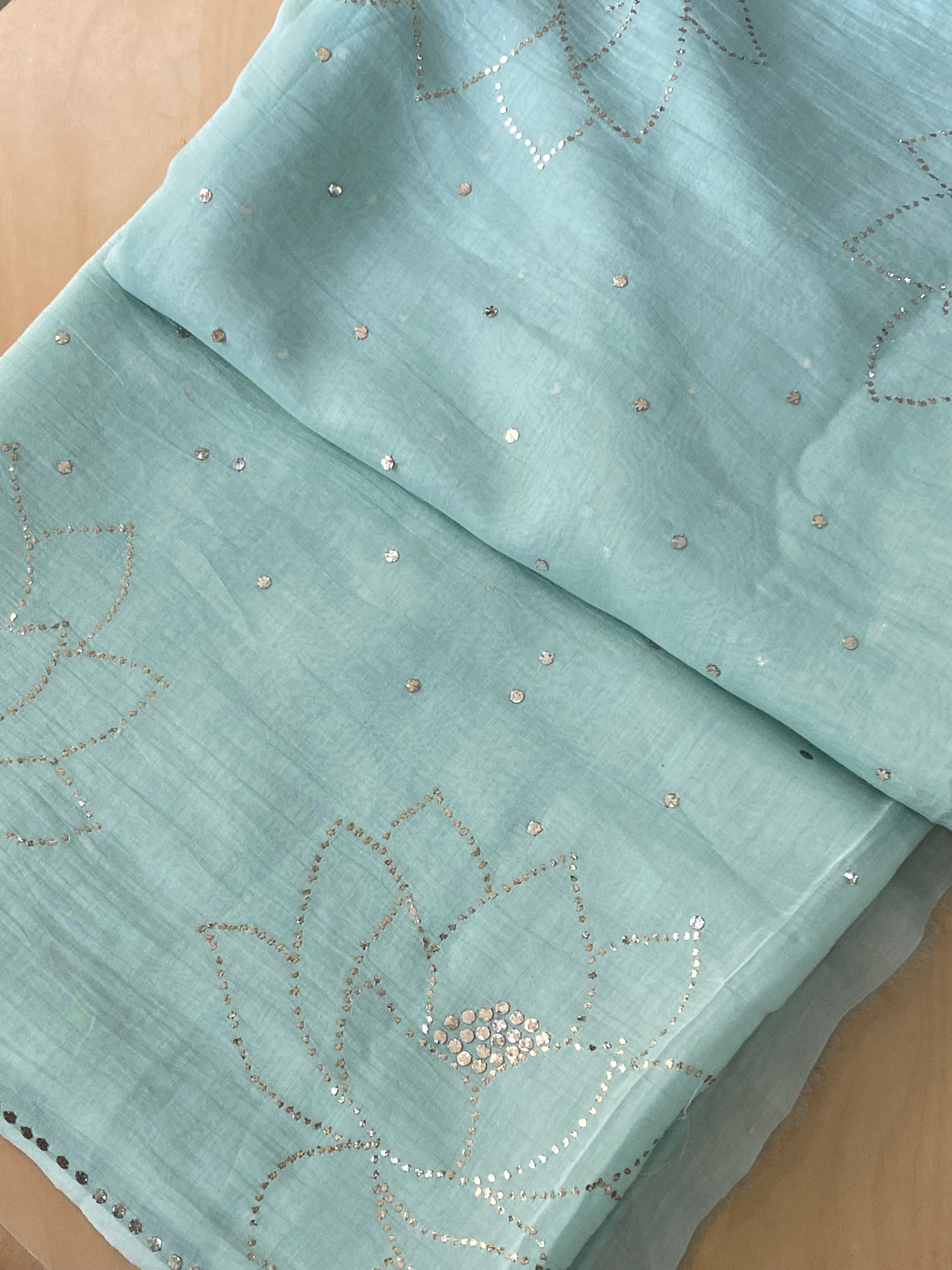 Premium Mul Chanderi Saree in Mukaish work (With Blouse) - Sea green Gharana