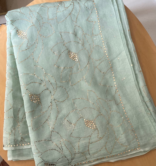 Premium Mul Chanderi Saree in Mukaish work (With Blouse) - Sea green Gharana