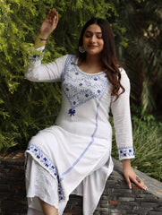 Heer Modal Cotton White Chikankari Kurta in 2 shades of blue Gharana
