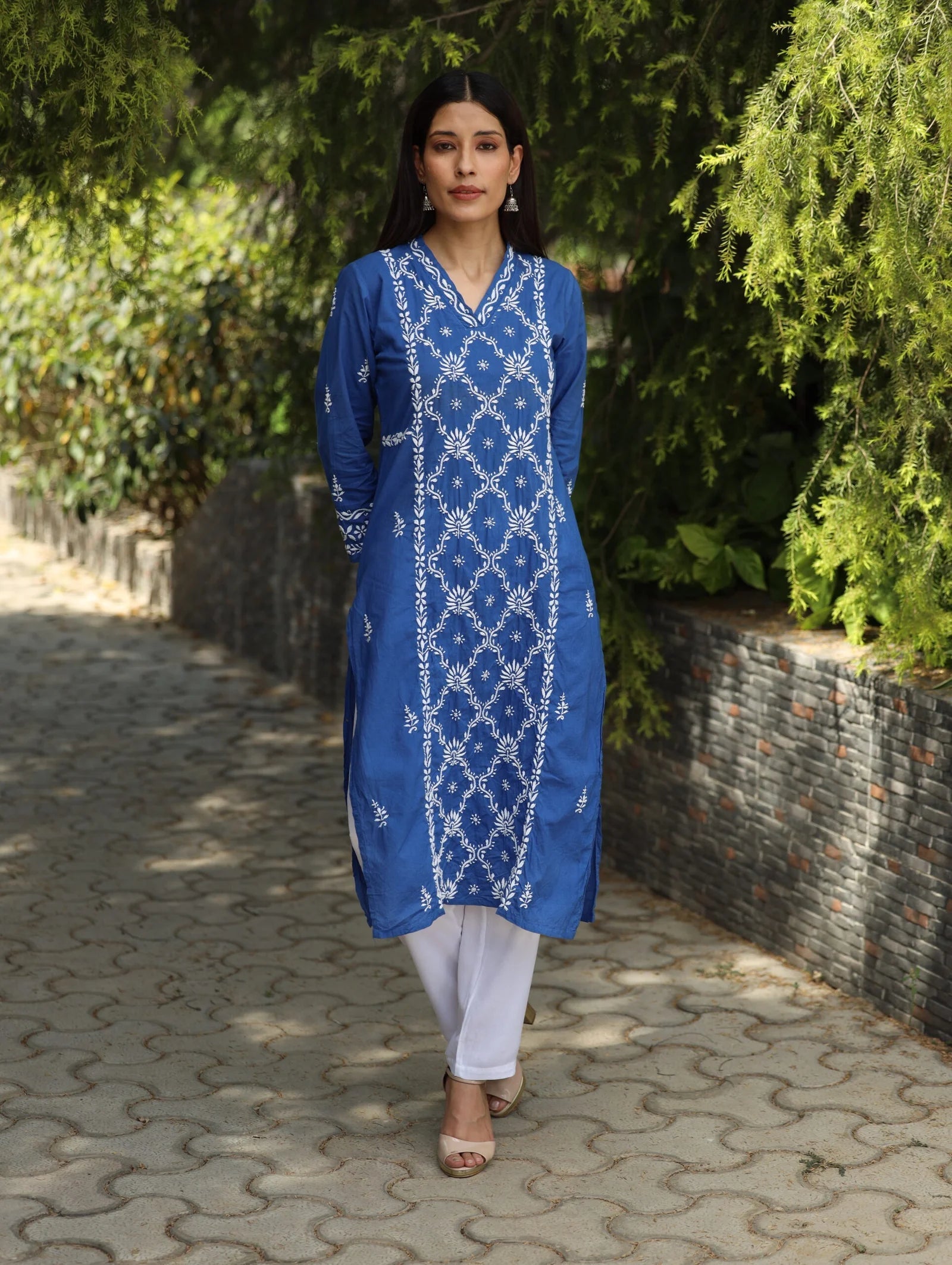 Sahiba Mul Cotton Blue Chikankari Kurta with intricate embroidery. Gharana