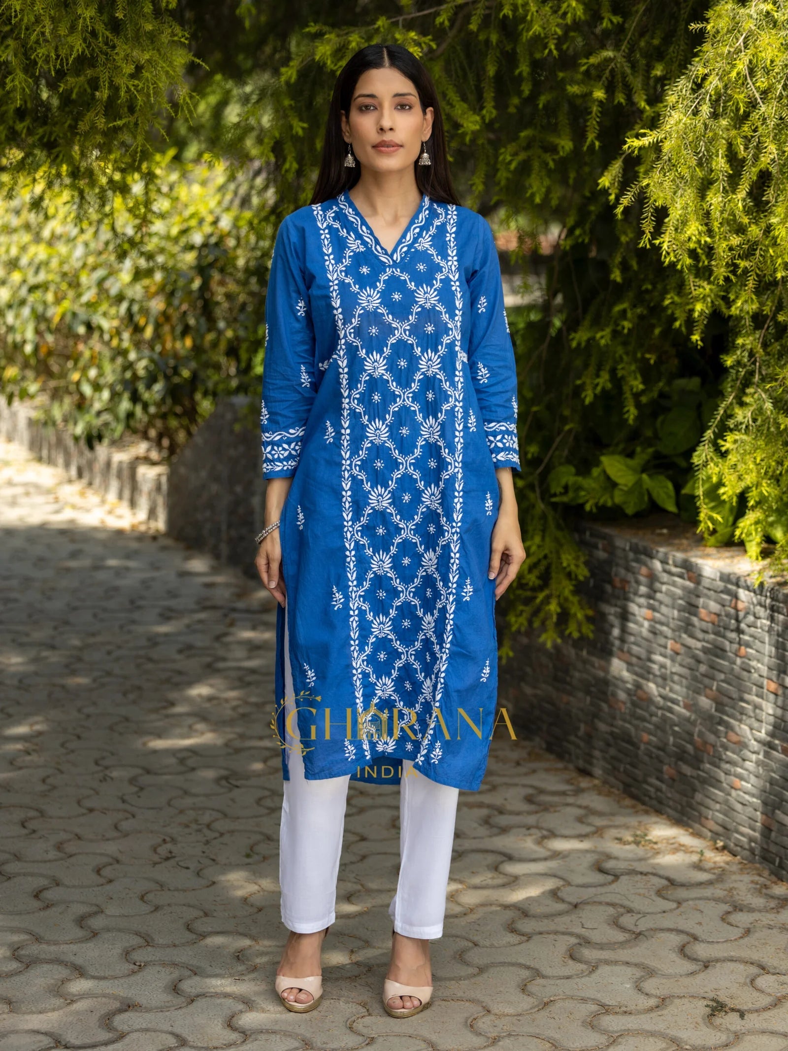 Sahiba Mul Cotton Blue Chikankari Kurta with intricate embroidery. Gharana