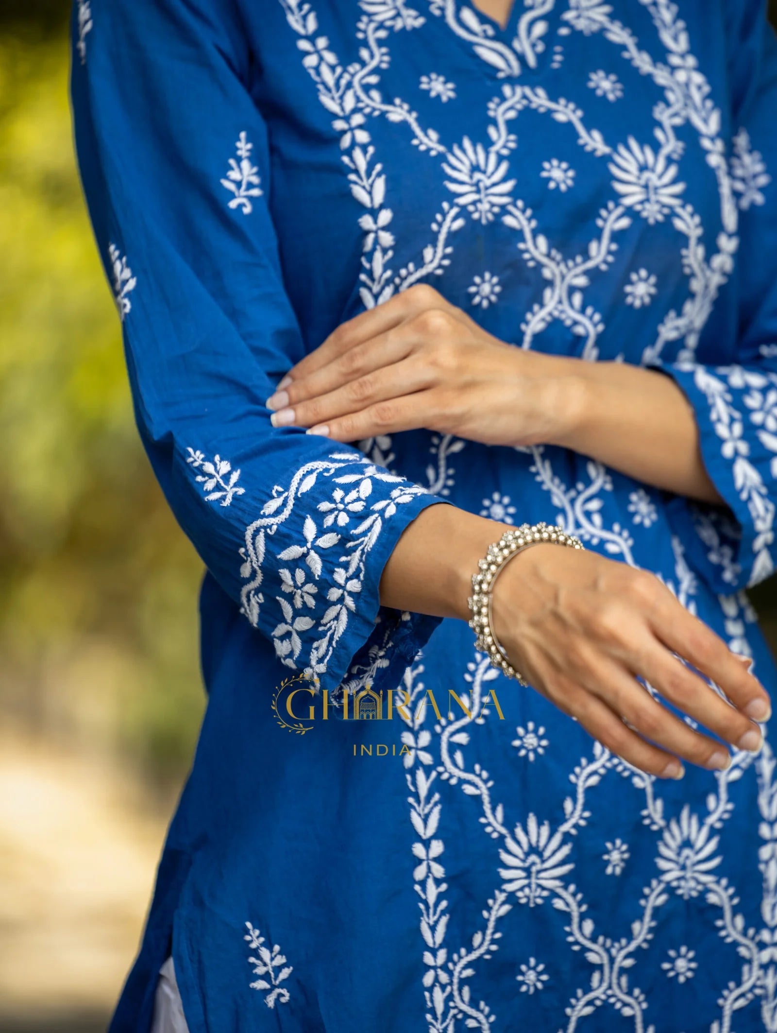Sahiba Mul Cotton Blue Chikankari Kurta with intricate embroidery. Gharana