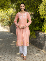 Sahiba Peach Pink Pure Cotton Chikankari Kurta with very intricate hand embroidery. Gharana