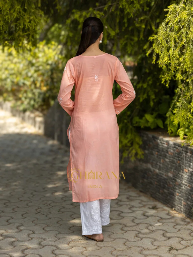 Sahiba Peach Pink Pure Cotton Chikankari Kurta with very intricate hand embroidery. Gharana