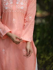 Sahiba Peach Pink Pure Cotton Chikankari Kurta with very intricate hand embroidery. Gharana