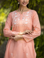 Sahiba Peach Pink Pure Cotton Chikankari Kurta with very intricate hand embroidery. Gharana