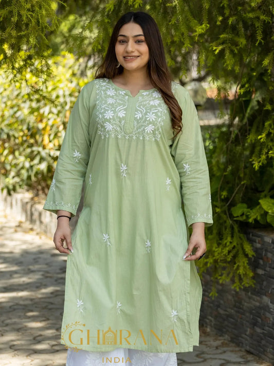 Sahiba Light Green Pure Cotton Chikankari Kurta with very intricate hand embroidery. Gharana