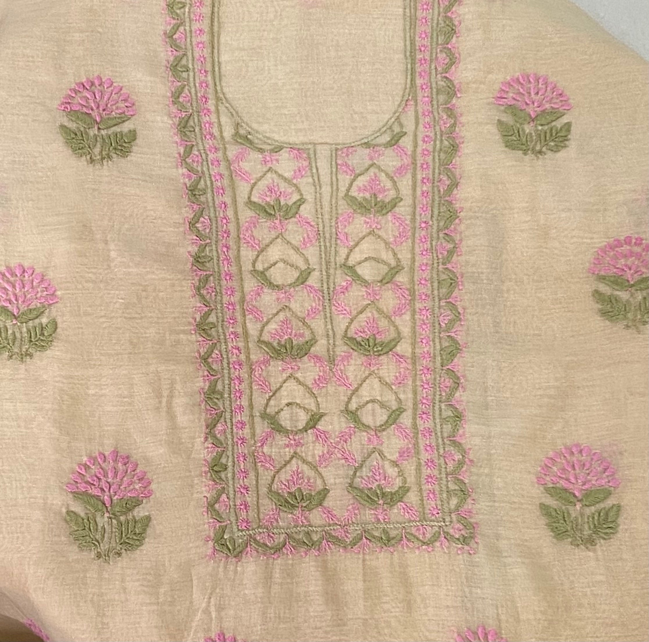 Premium Mul Chanderi 2 piece Chikankari Unstitched 2 piece Kurta and Dupatta set – light beige Gharana