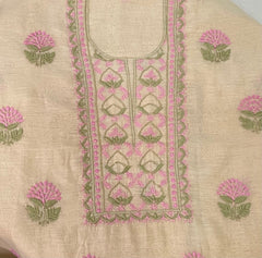 Premium Mul Chanderi 2 piece Chikankari Unstitched 2 piece Kurta and Dupatta set – light beige Gharana