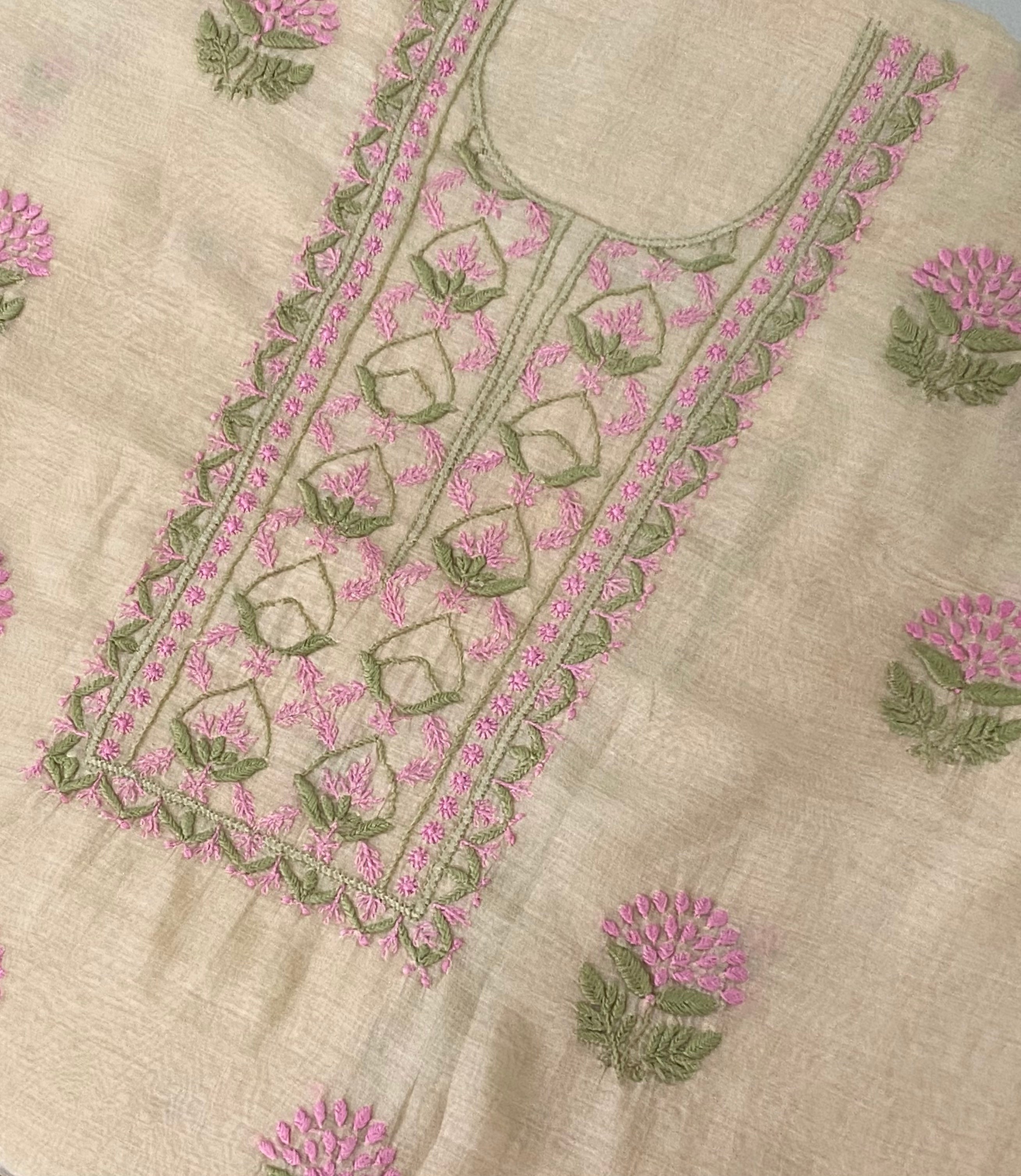 Premium Mul Chanderi 2 piece Chikankari Unstitched 2 piece Kurta and Dupatta set – light beige Gharana