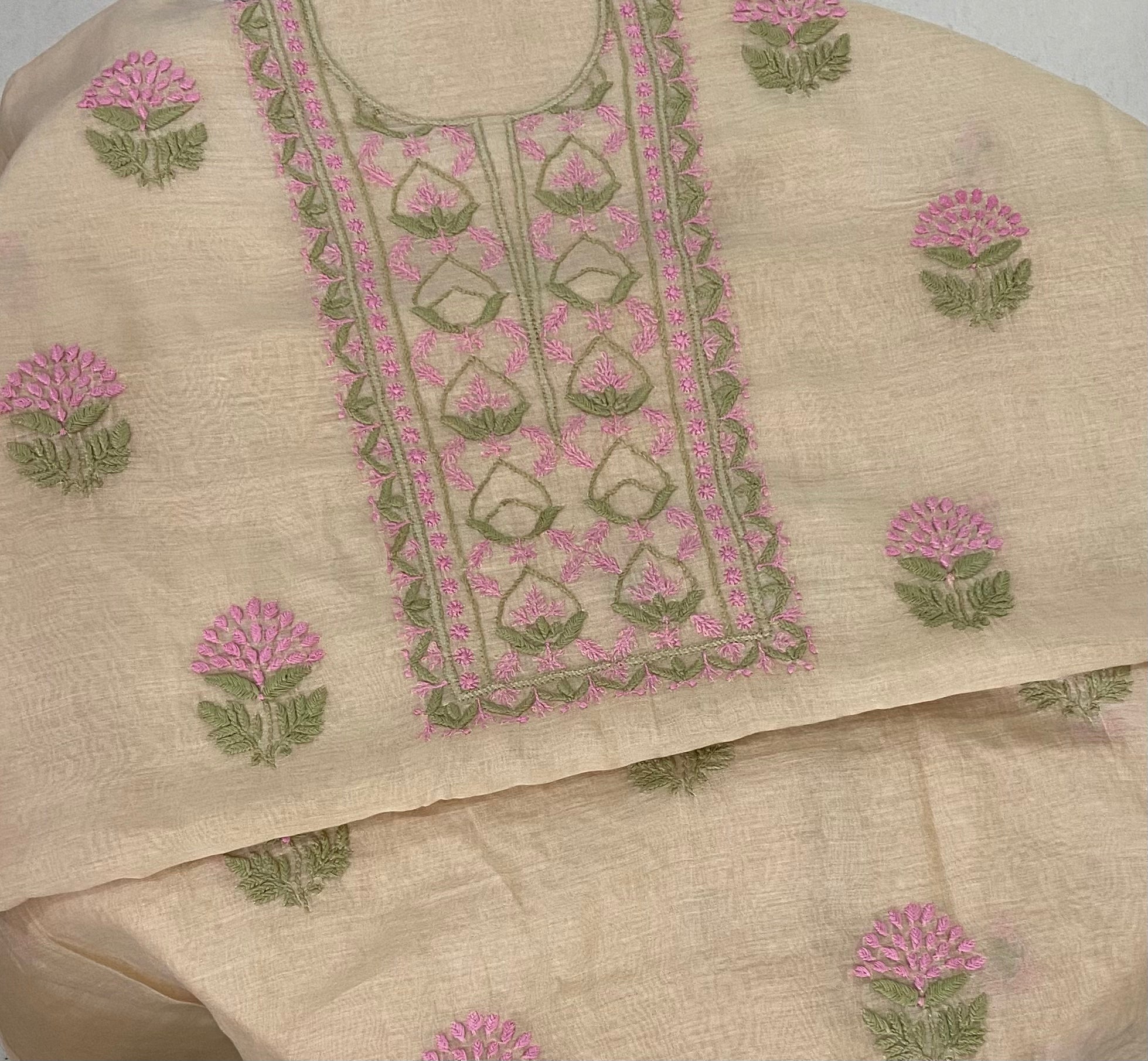 Premium Mul Chanderi 2 piece Chikankari Unstitched 2 piece Kurta and Dupatta set – light beige Gharana