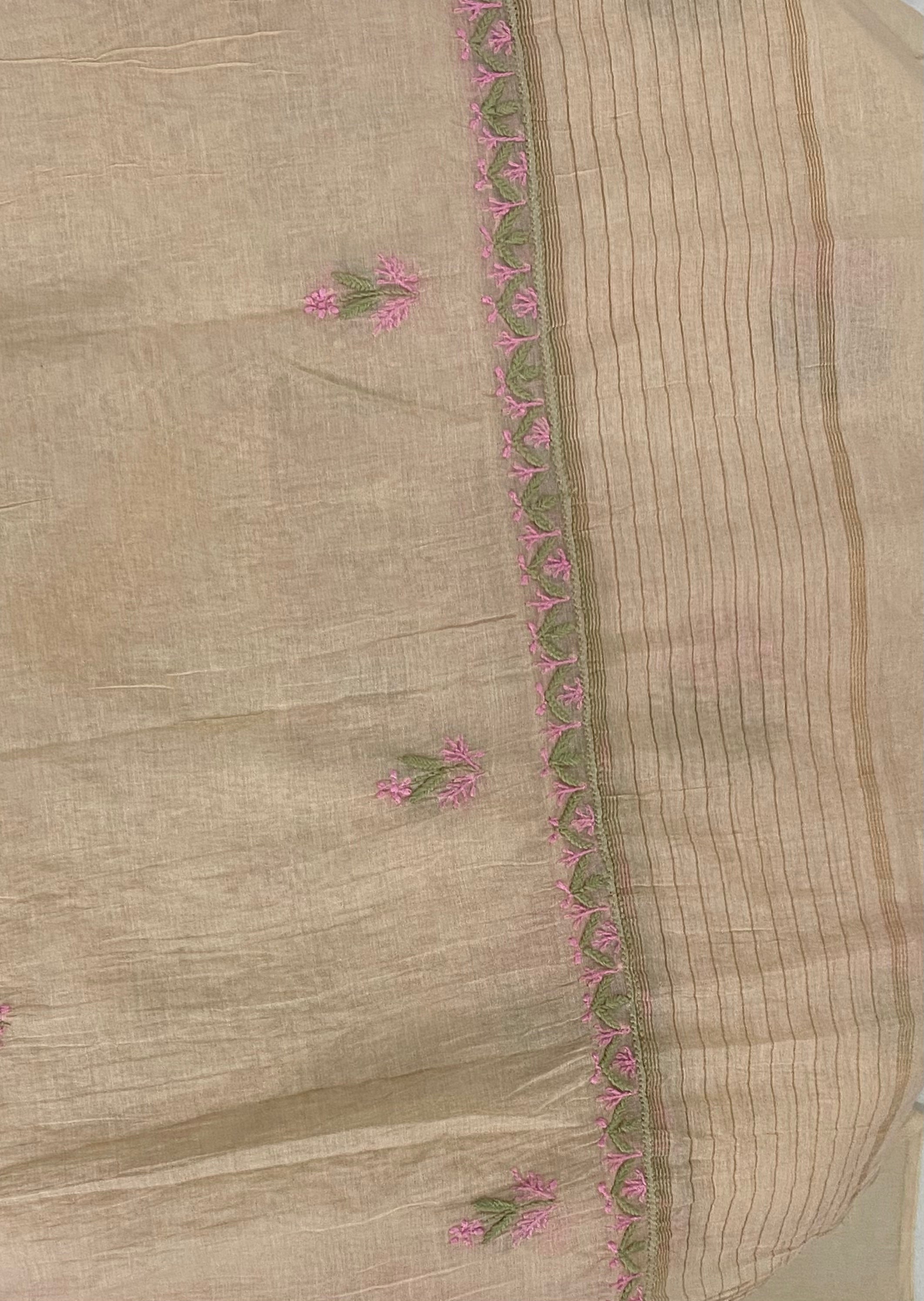 Premium Mul Chanderi 2 piece Chikankari Unstitched 2 piece Kurta and Dupatta set – light beige Gharana