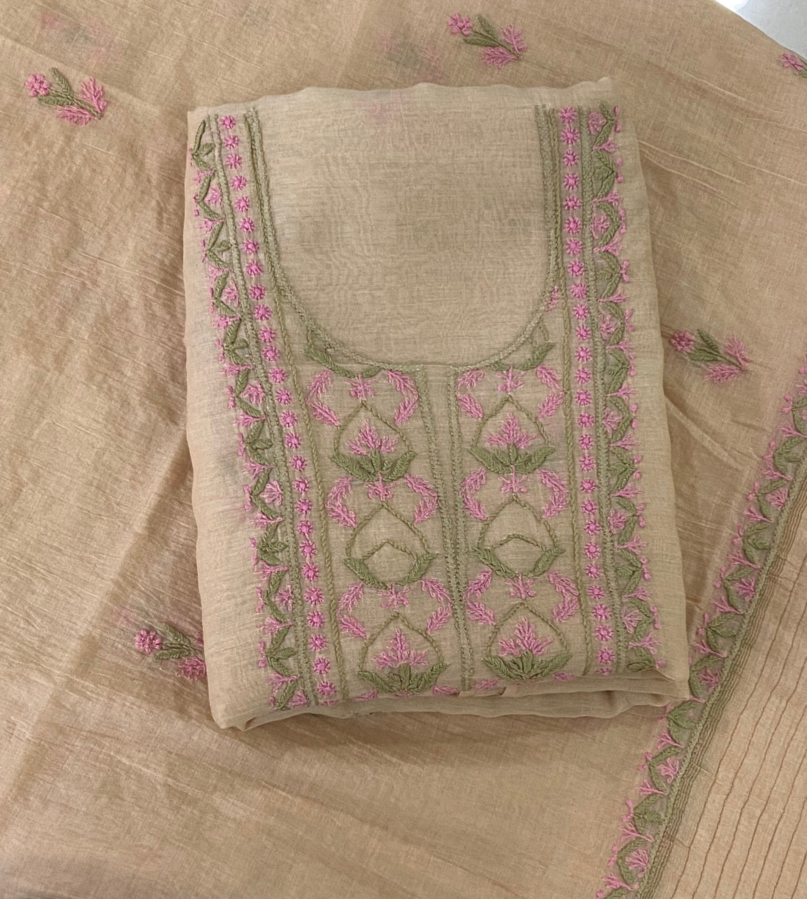 Premium Mul Chanderi 2 piece Chikankari Unstitched 2 piece Kurta and Dupatta set – Dark beige Gharana