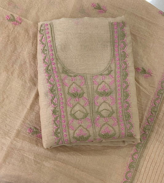 Premium Mul Chanderi 2 piece Chikankari Unstitched 2 piece Kurta and Dupatta set – light beige Gharana