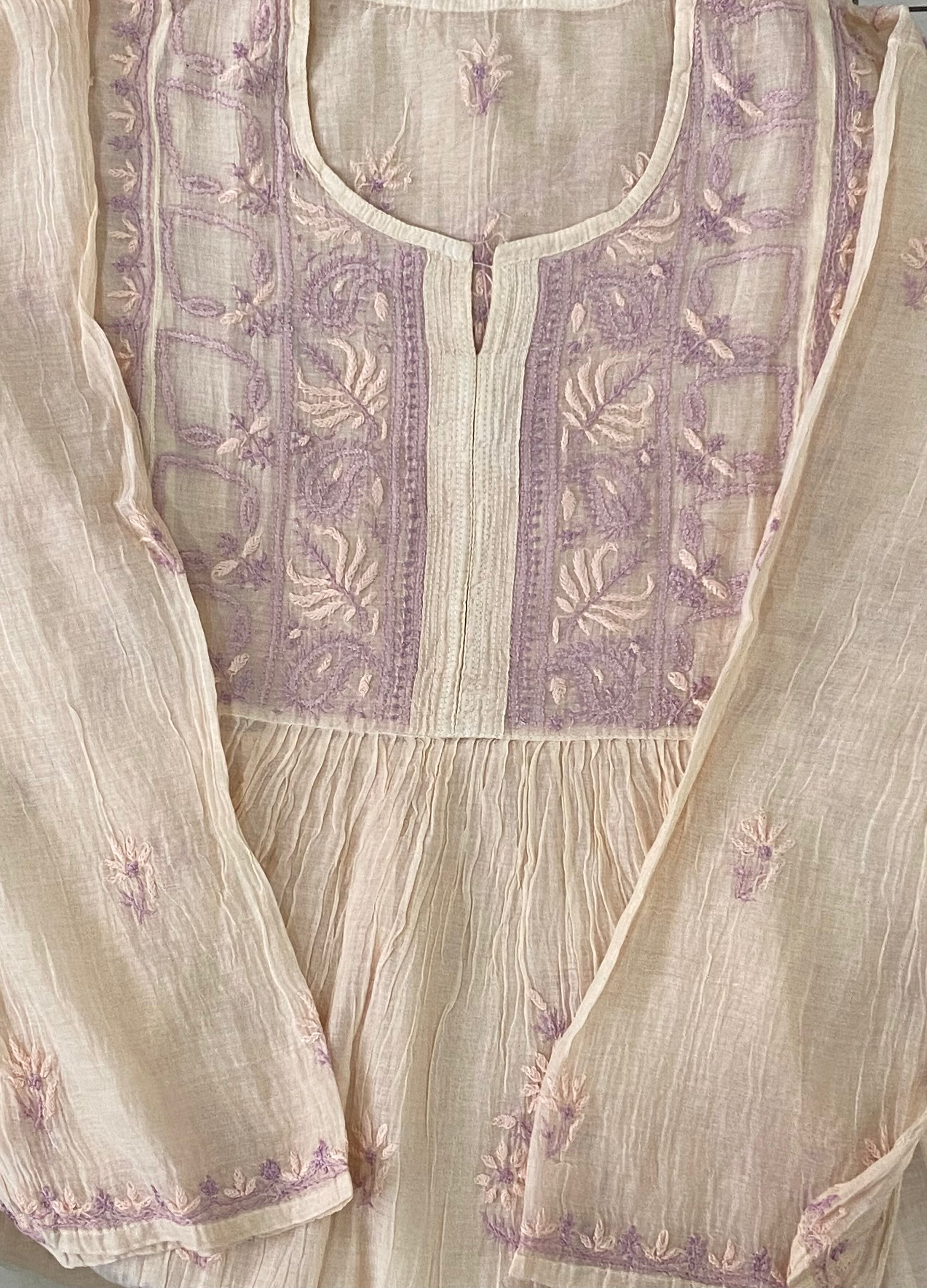 Premium Mulchanderi Chikankari Semi Stitched Tunic and Dupatta set – Light Beige Gharana