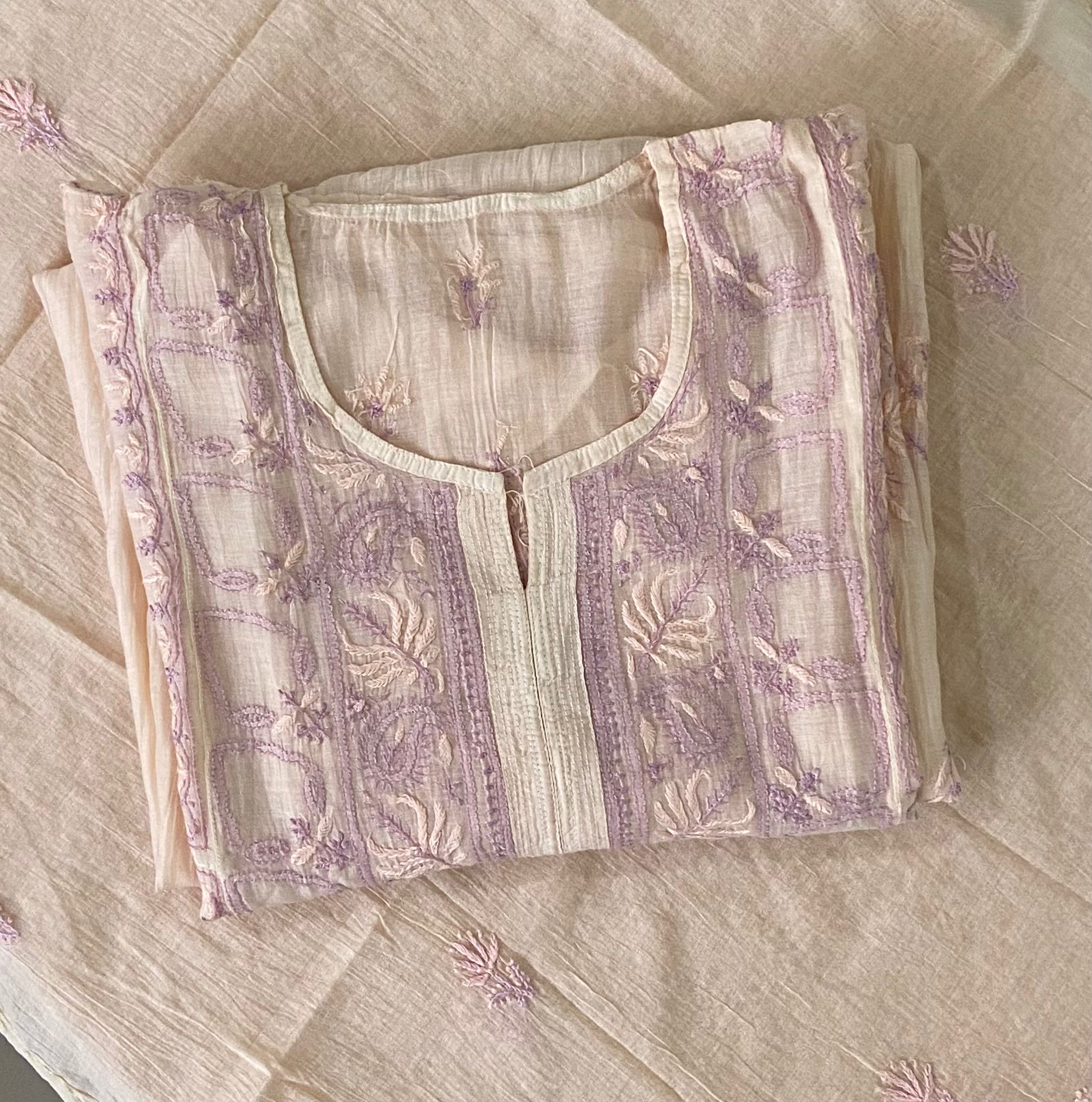 Premium Mulchanderi Chikankari Semi Stitched Tunic and Dupatta set – Light Beige Gharana