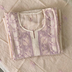 Premium Mulchanderi Chikankari Semi Stitched Tunic and Dupatta set – Light Beige Gharana
