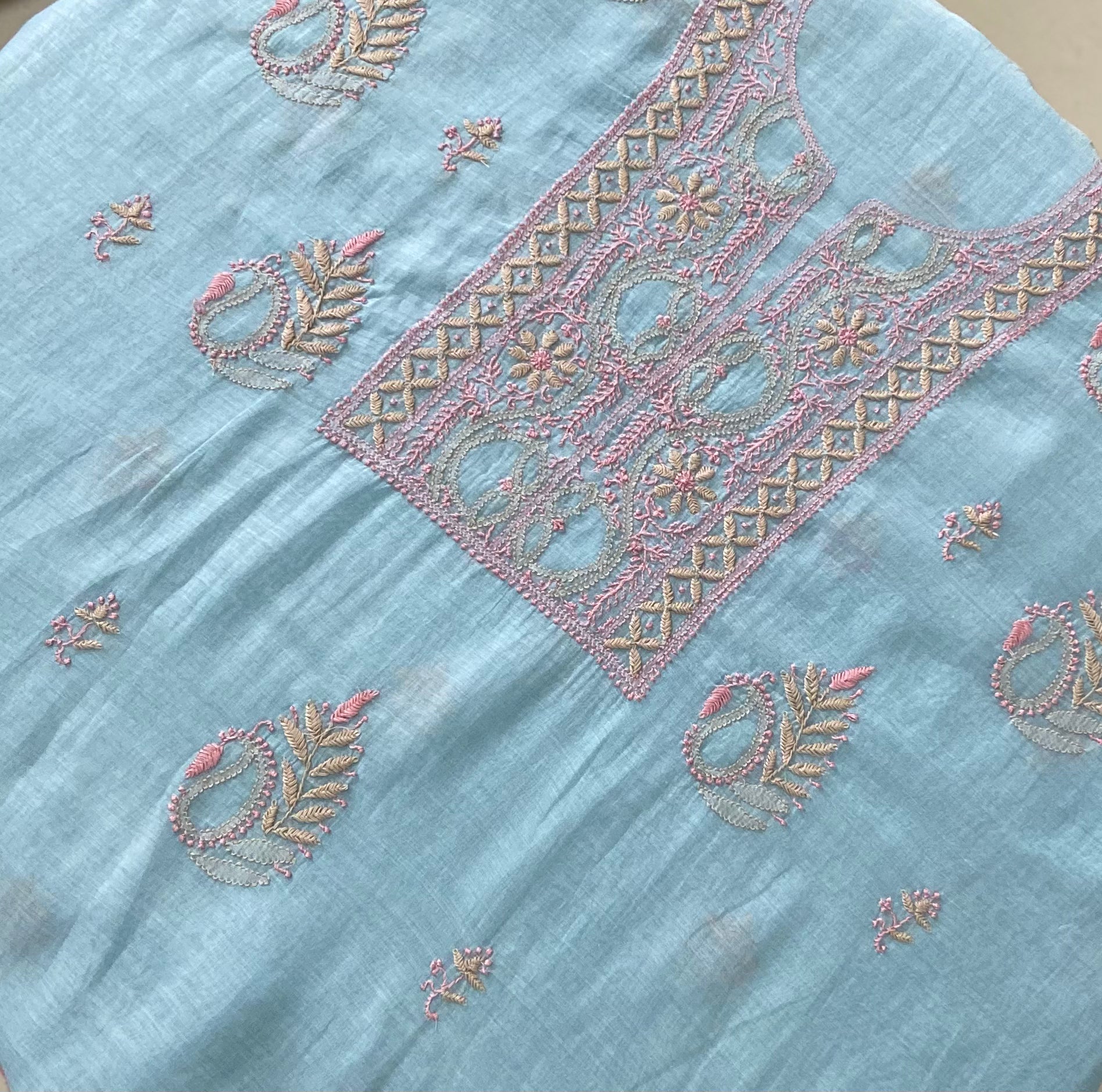 Premium Mul Chanderi 2 piece Chikankari Unstitched Kurta and Dupatta set – Powder Blue Gharana