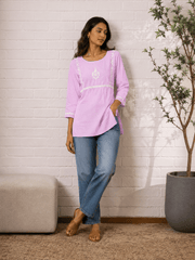 Saheba Chikankari Lavender Rose Cotton Top