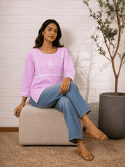 Saheba Chikankari Lavender Rose Cotton Top