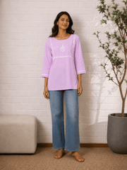 Saheba Chikankari Lavender Rose Cotton Top