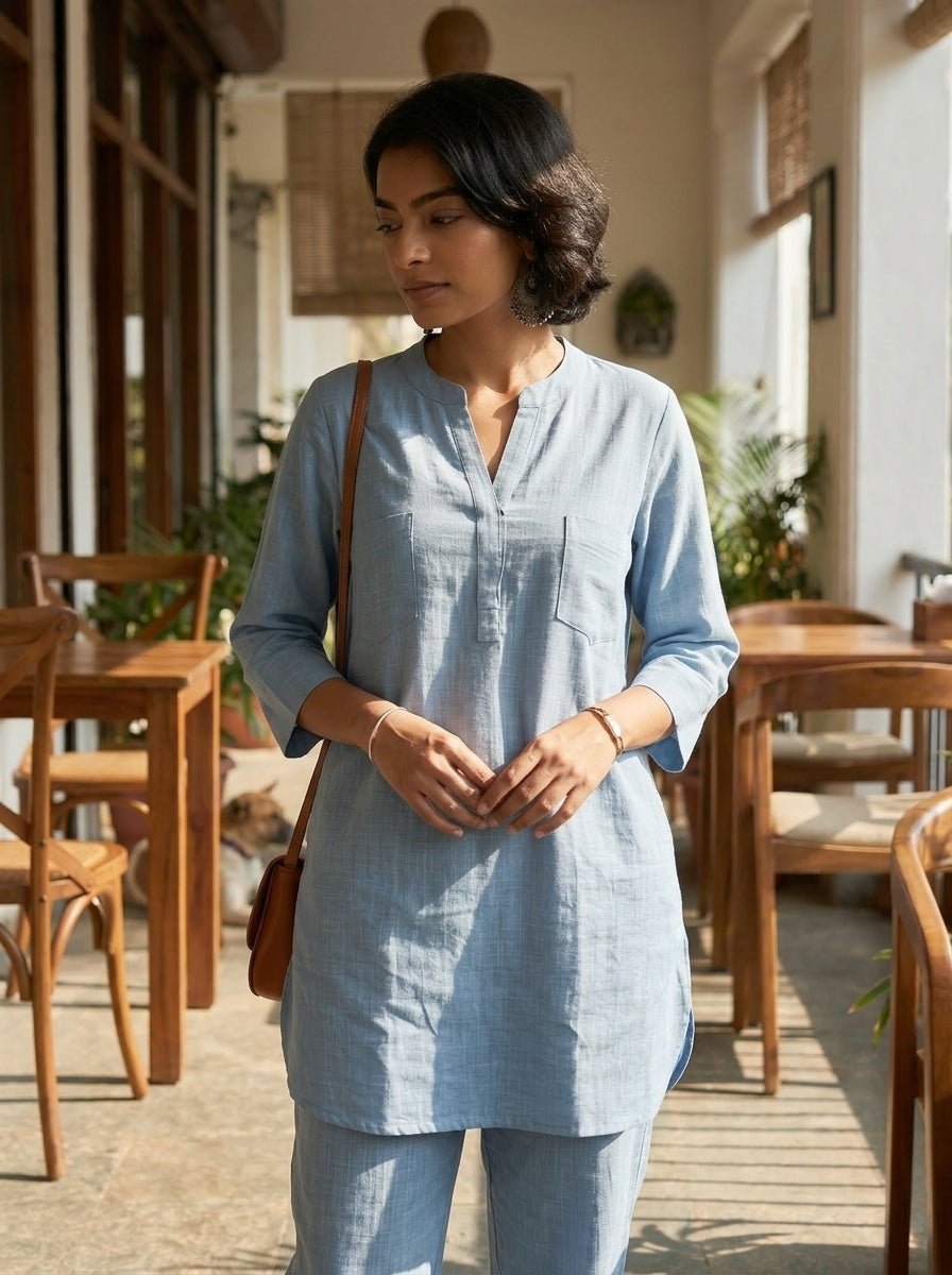 Premium Slate Blue Cotton Coord Set for Women