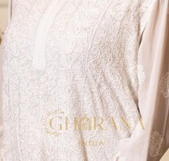 Kiara Georgette Chikankari Kurta in resham jaal and pastel Katdana Gharana
