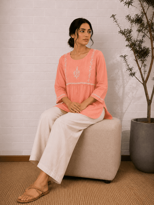 Saheba Chikankari Peach Cotton Top