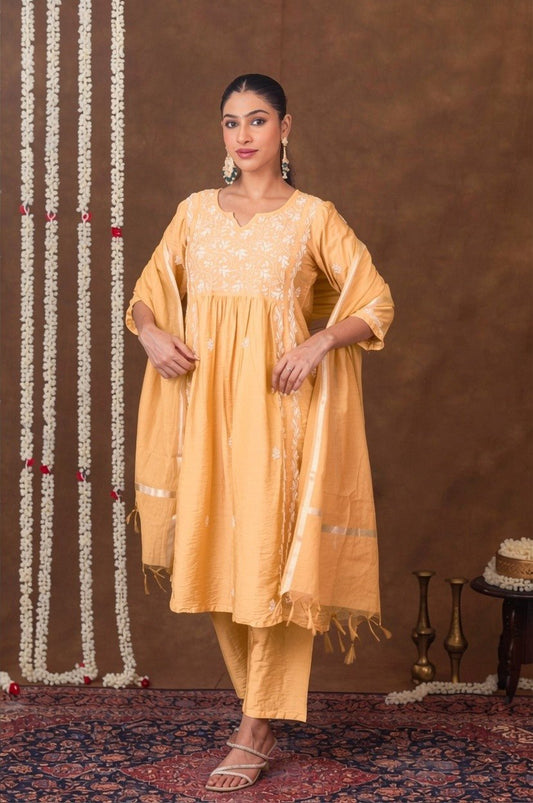 Jashn Chikankari Mustard Nyra Cut 3PC Kurta Set with Dupatta Gharana