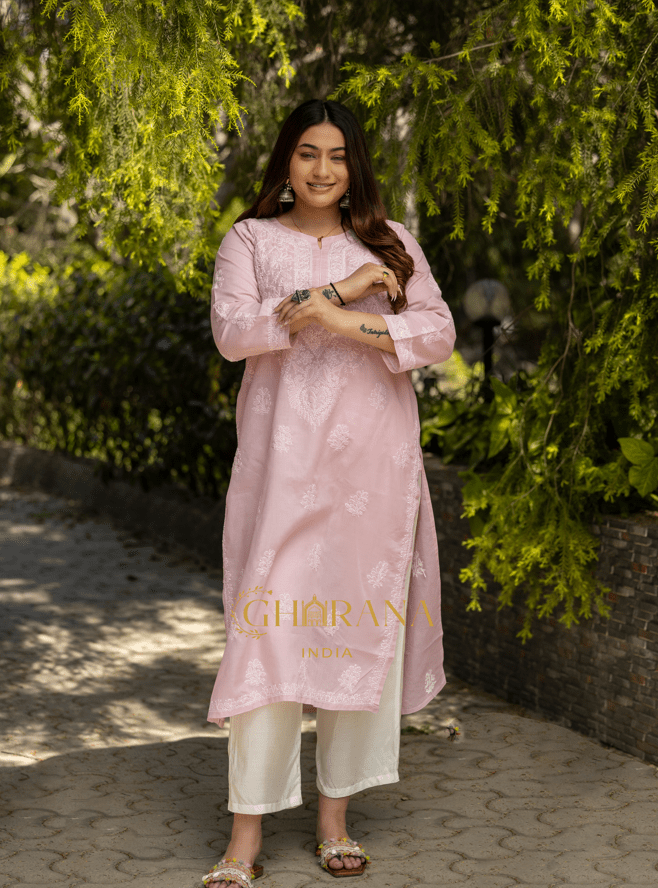 Sahiba Chikankari Light Pink Cotton Kurta with Bakhiya work Gharana