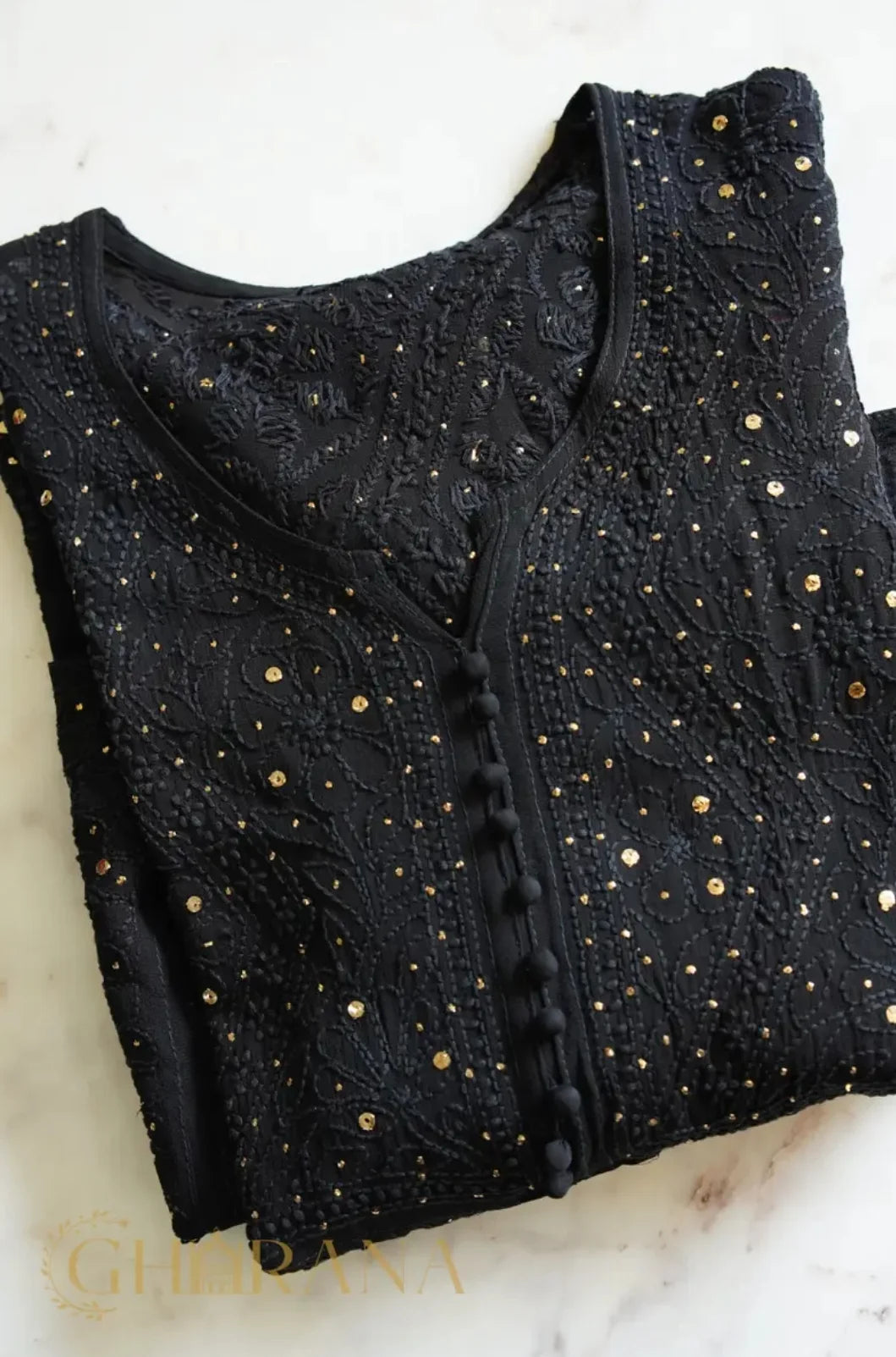 Kiara Georgette 4PC Chikankari Anarkali Kurta Set with Mukaish Work Gharana