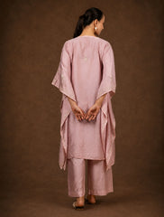 Premium Chanderi Silk Baby Pink Chikankari Kaftan Set