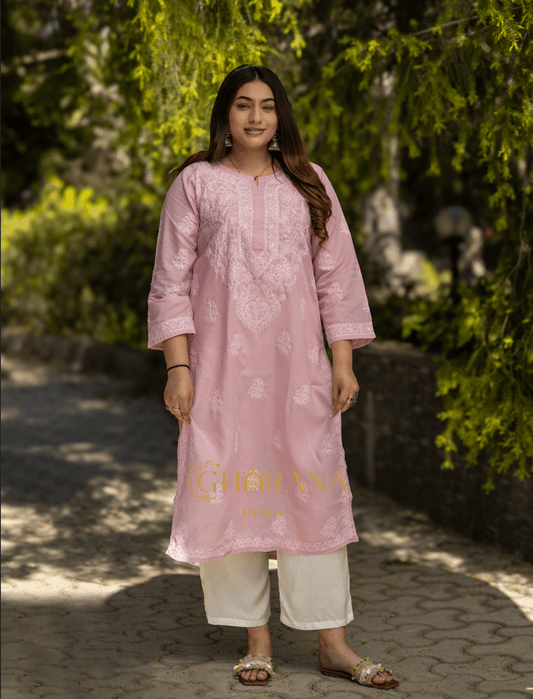 Sahiba Chikankari Light Pink Cotton Kurta with Bakhiya work Gharana