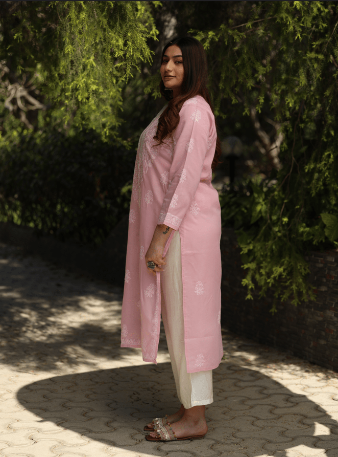 Sahiba Chikankari Light Pink Cotton Kurta with Bakhiya work Gharana