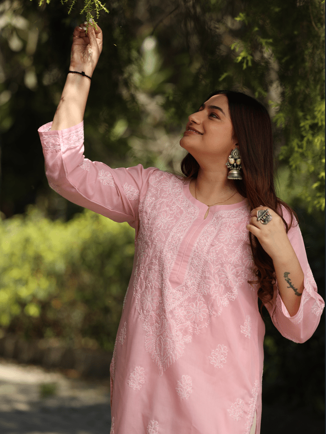 Sahiba Chikankari Light Pink Cotton Kurta with Bakhiya work Gharana