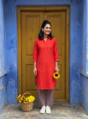 Aira Cherry Red Cotton Poplin Kurta Set with Contrast Striped Trousers