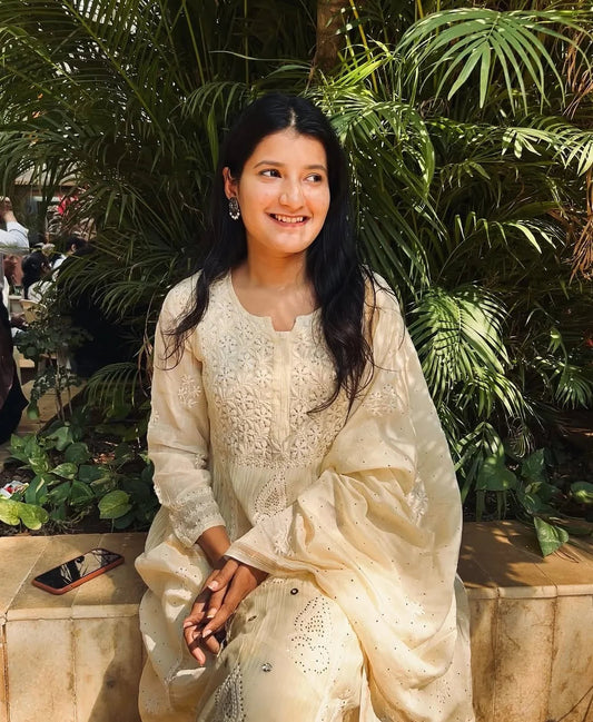 Premium MulChanderi Chikankari Kurta set with embroidered Pant and Dupatta Gharana