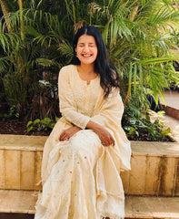 Premium MulChanderi Chikankari Kurta set with embroidered Pant and Dupatta Gharana